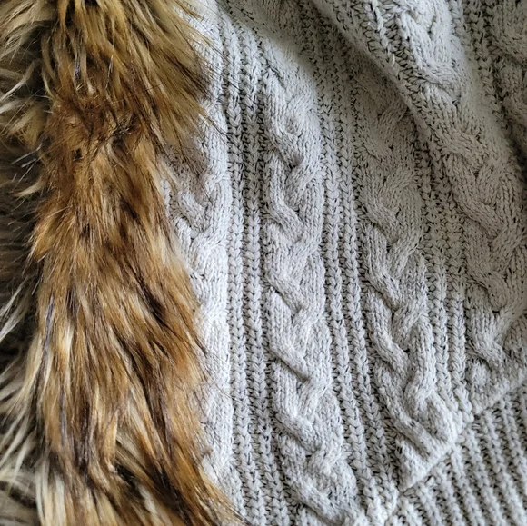 A.Gain Faux Fur Cable Knit Wool Blend Oatmeal Cardigan - Size Small - Picture 5 of 7